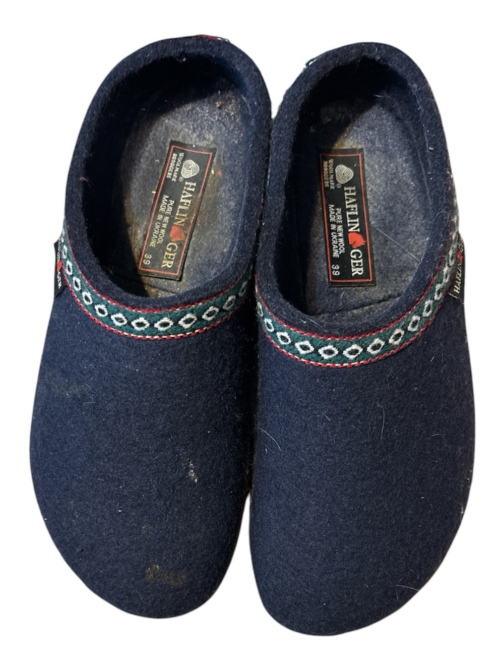 Haflinger  Navy Wool Slip-Ons with Green Accent Trim